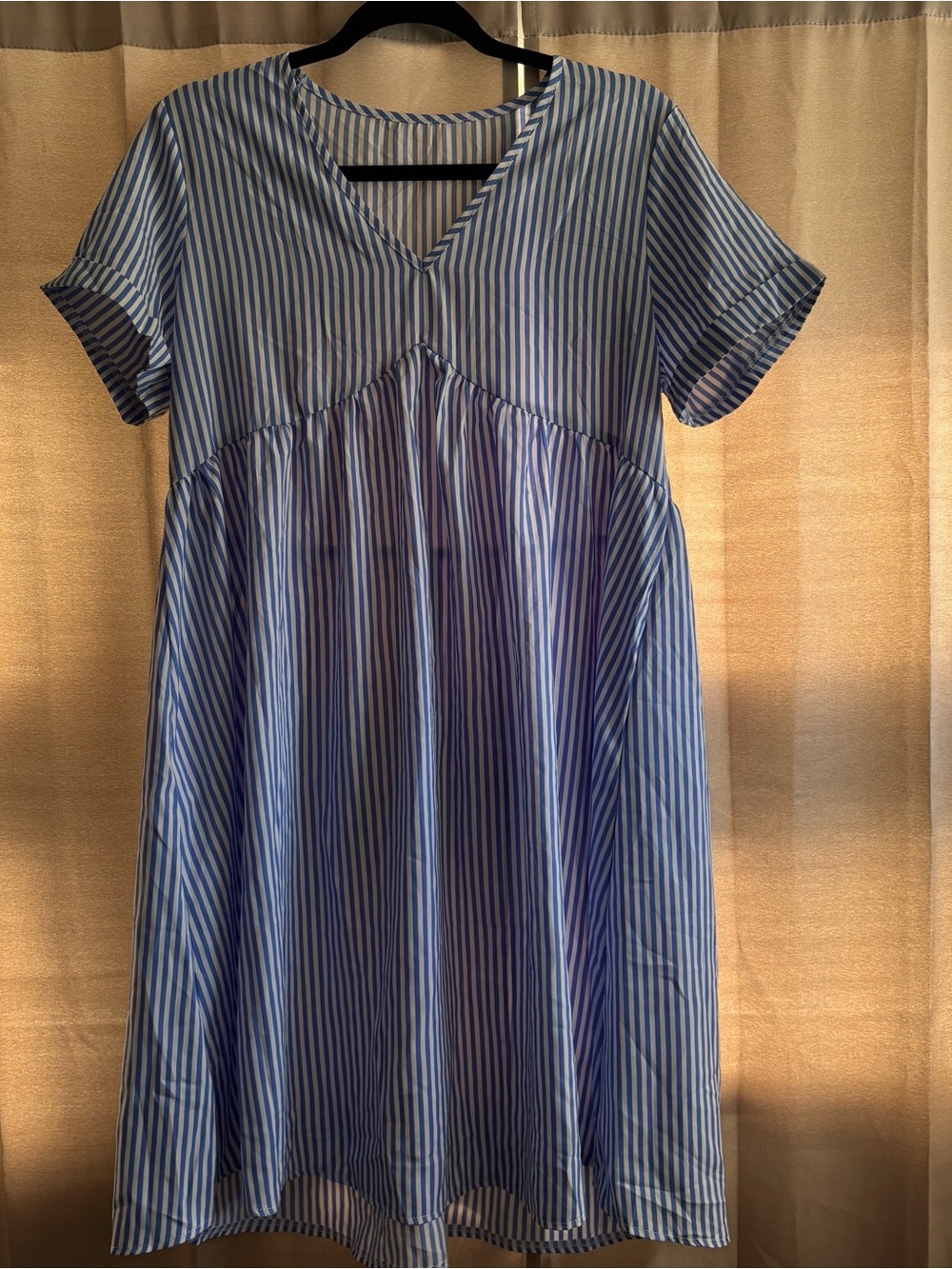 SHEIN Blue and White Vertical Stripe V-Neck Midi Dress